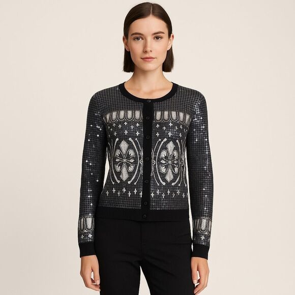 Revolve Tory Burch Black and Silver Sequin Cardigan Sweater Size M - Picture 1 of 9